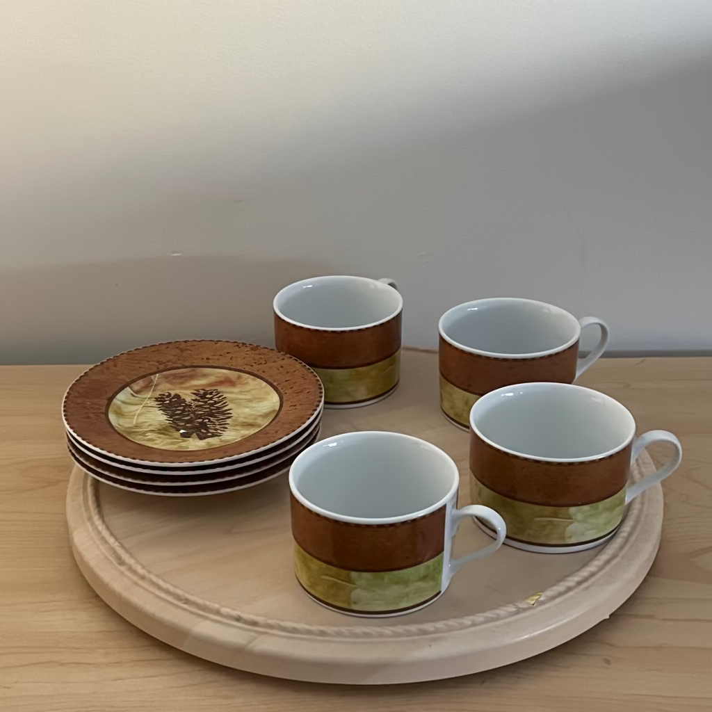 Set of ceramic cups and plates with a wooden tray on a light-colored surface.
