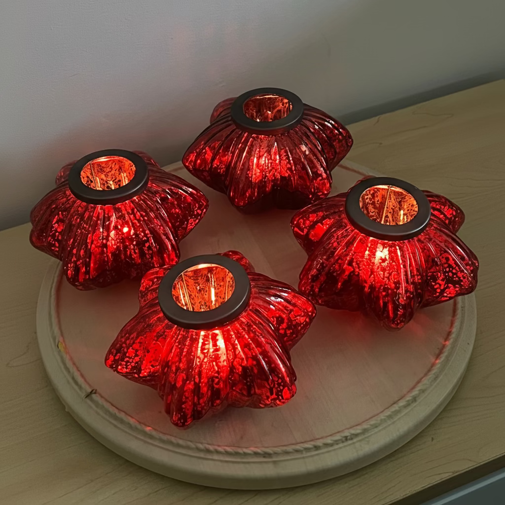 Four red decorative lights on a white surface with a neutral background