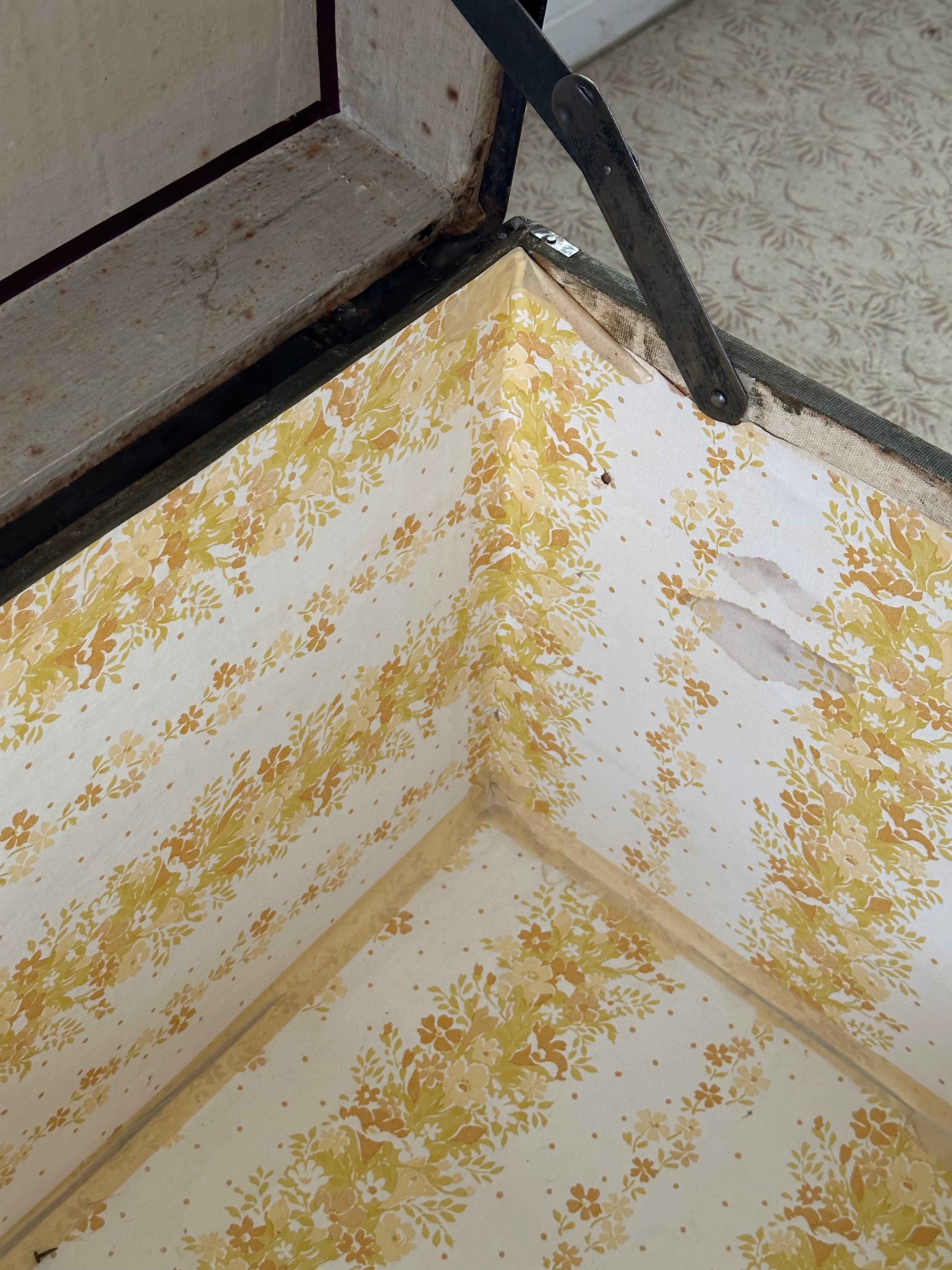 Antique Flat-Top Steamer Trunk with Corbin Lock – $275