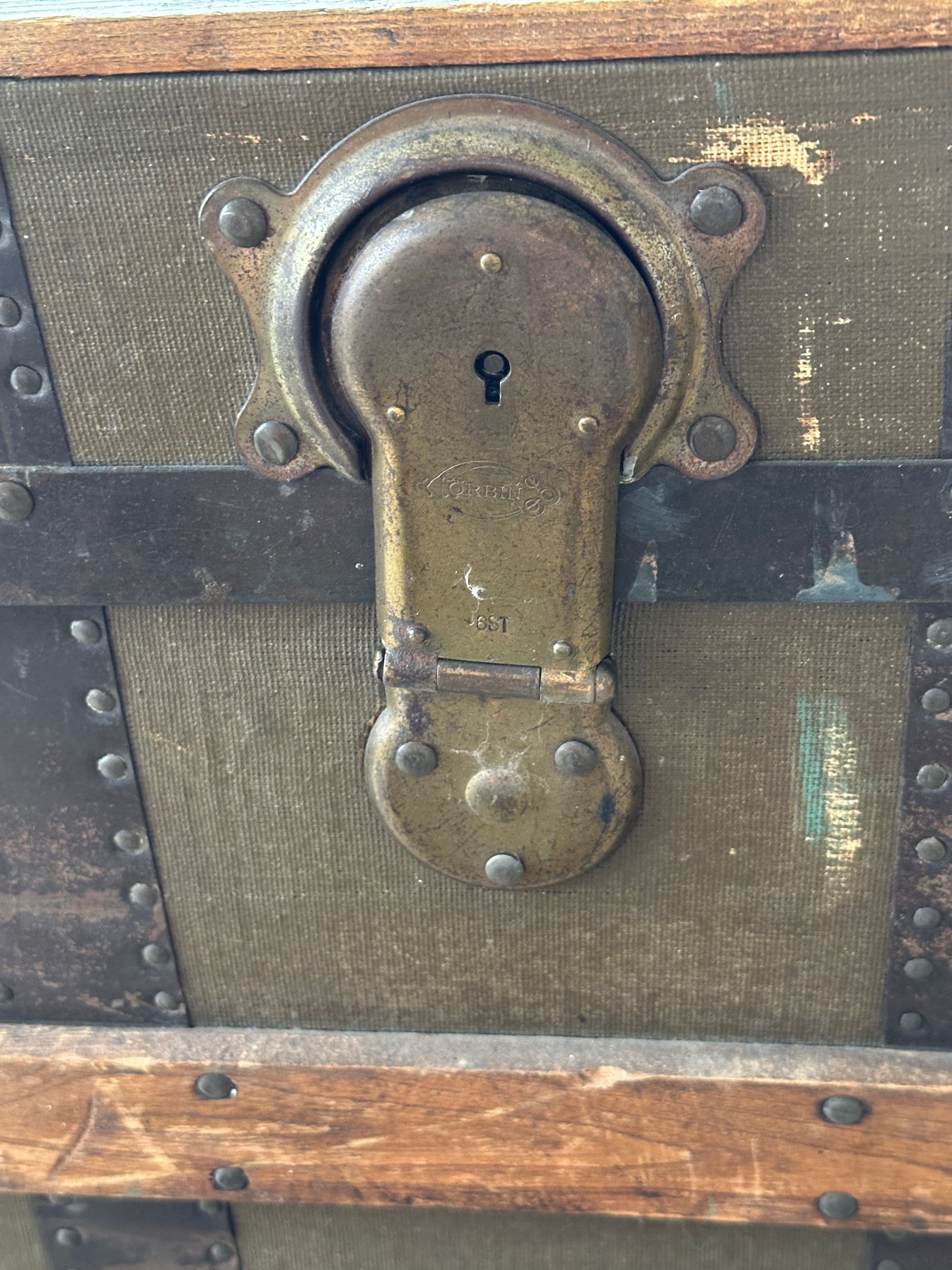 Antique Flat-Top Steamer Trunk with Corbin Lock – $275