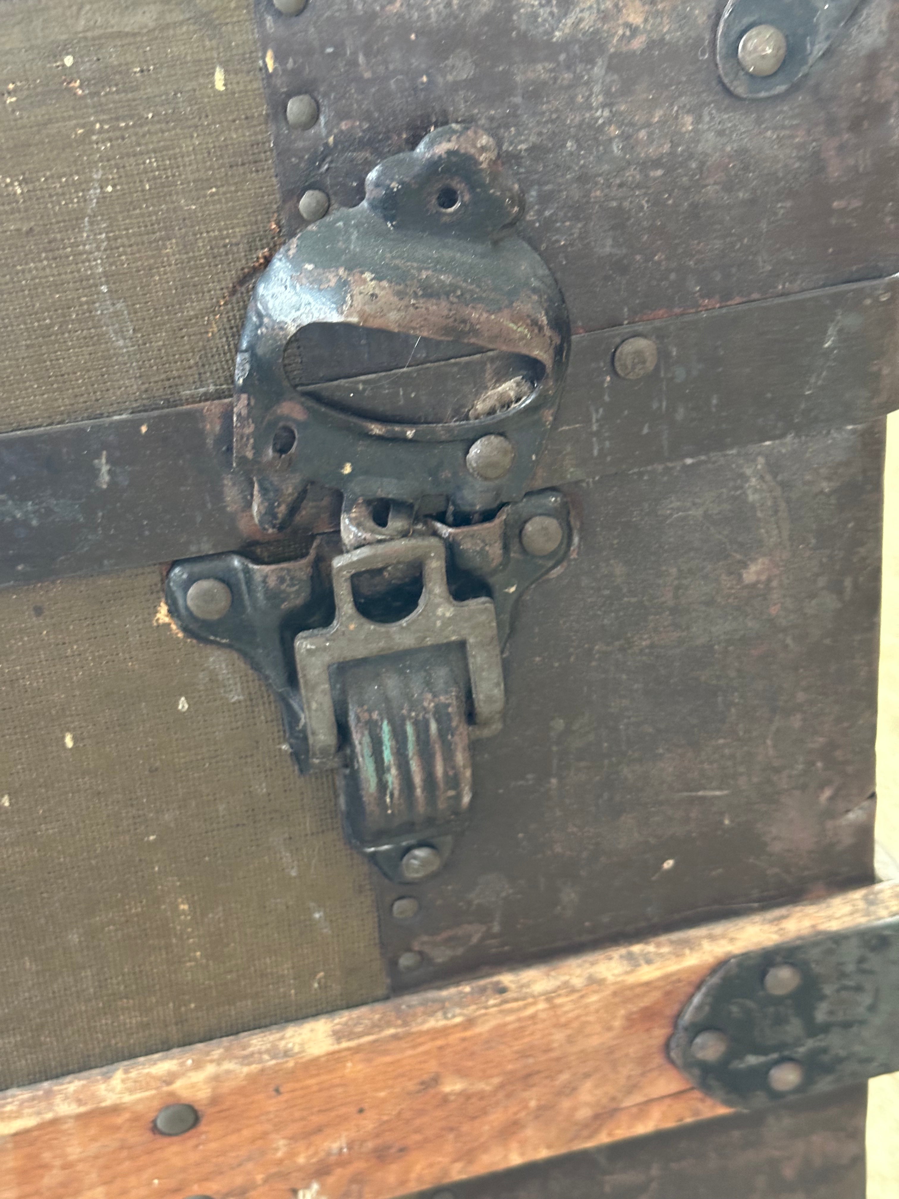 Antique Flat-Top Steamer Trunk with Corbin Lock – $275