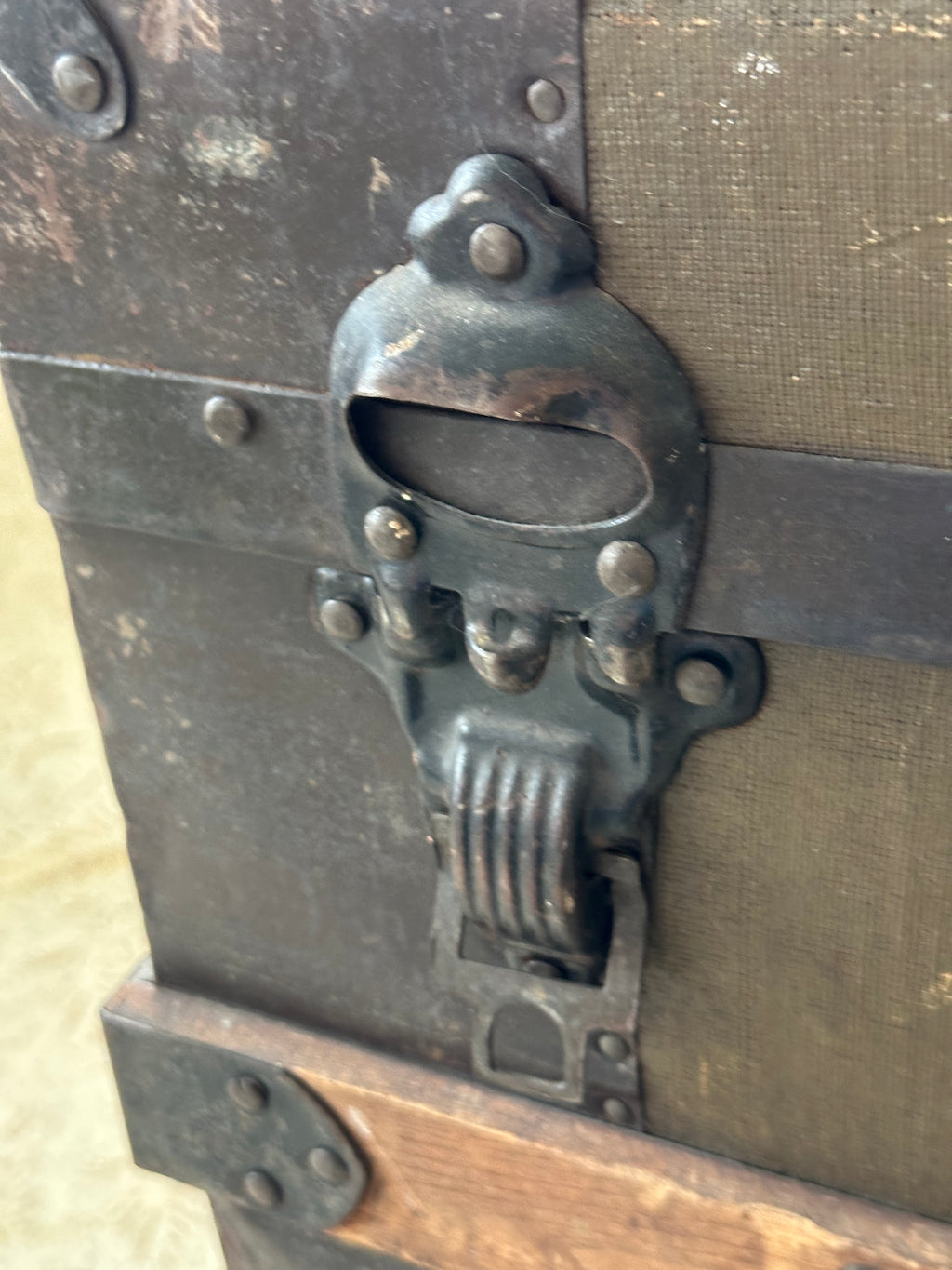 Antique Flat-Top Steamer Trunk with Corbin Lock – $275