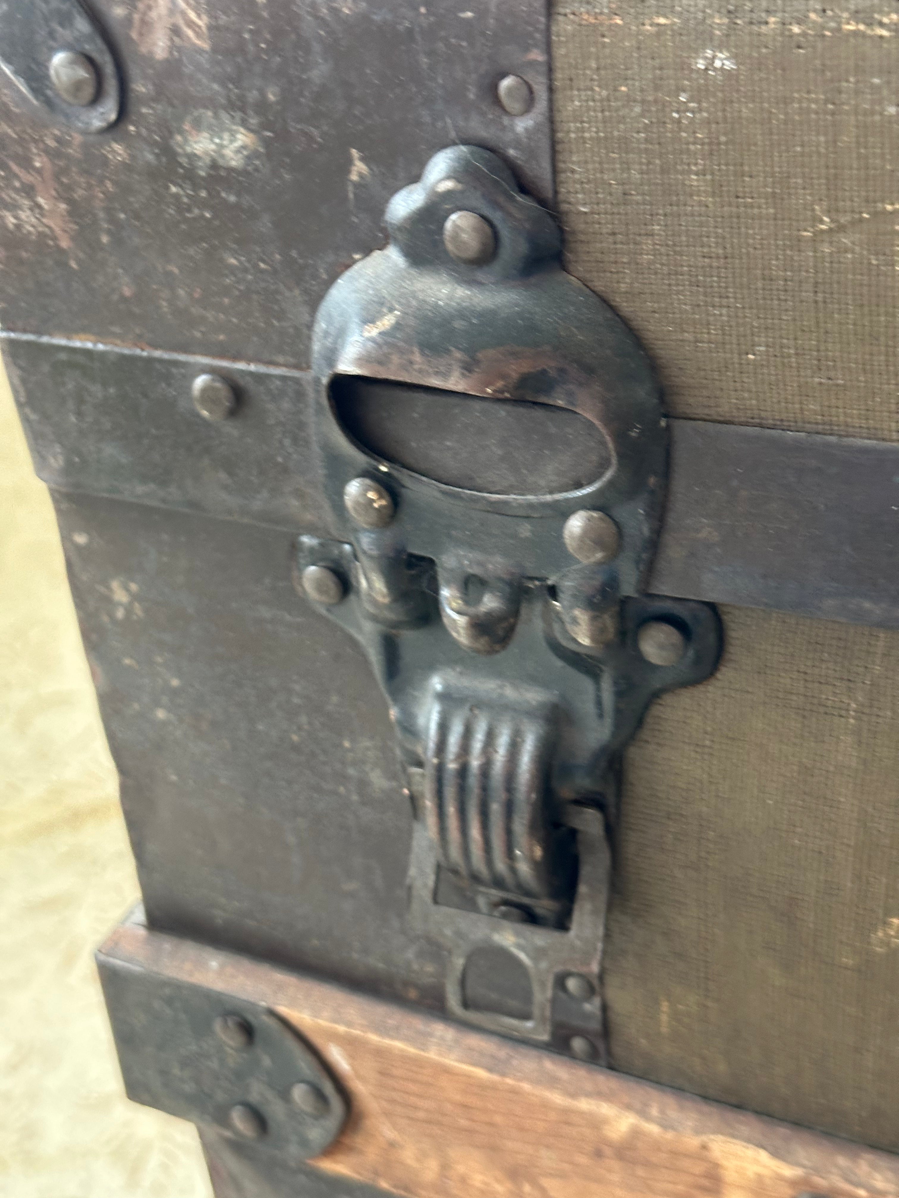 Antique Flat-Top Steamer Trunk with Corbin Lock – $275