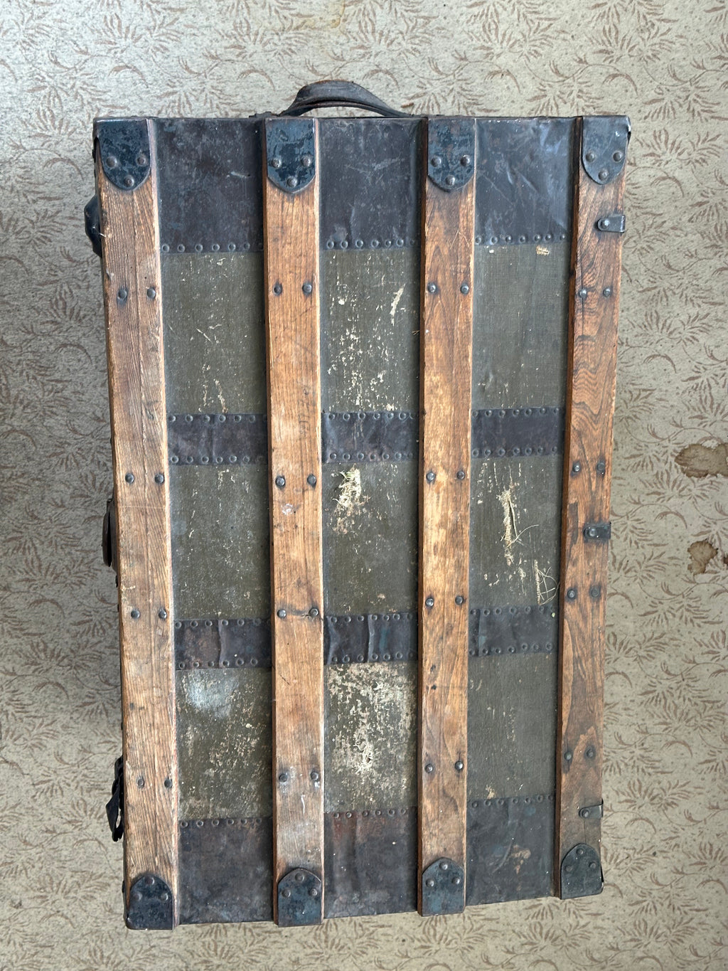 Antique Flat-Top Steamer Trunk with Corbin Lock – $275