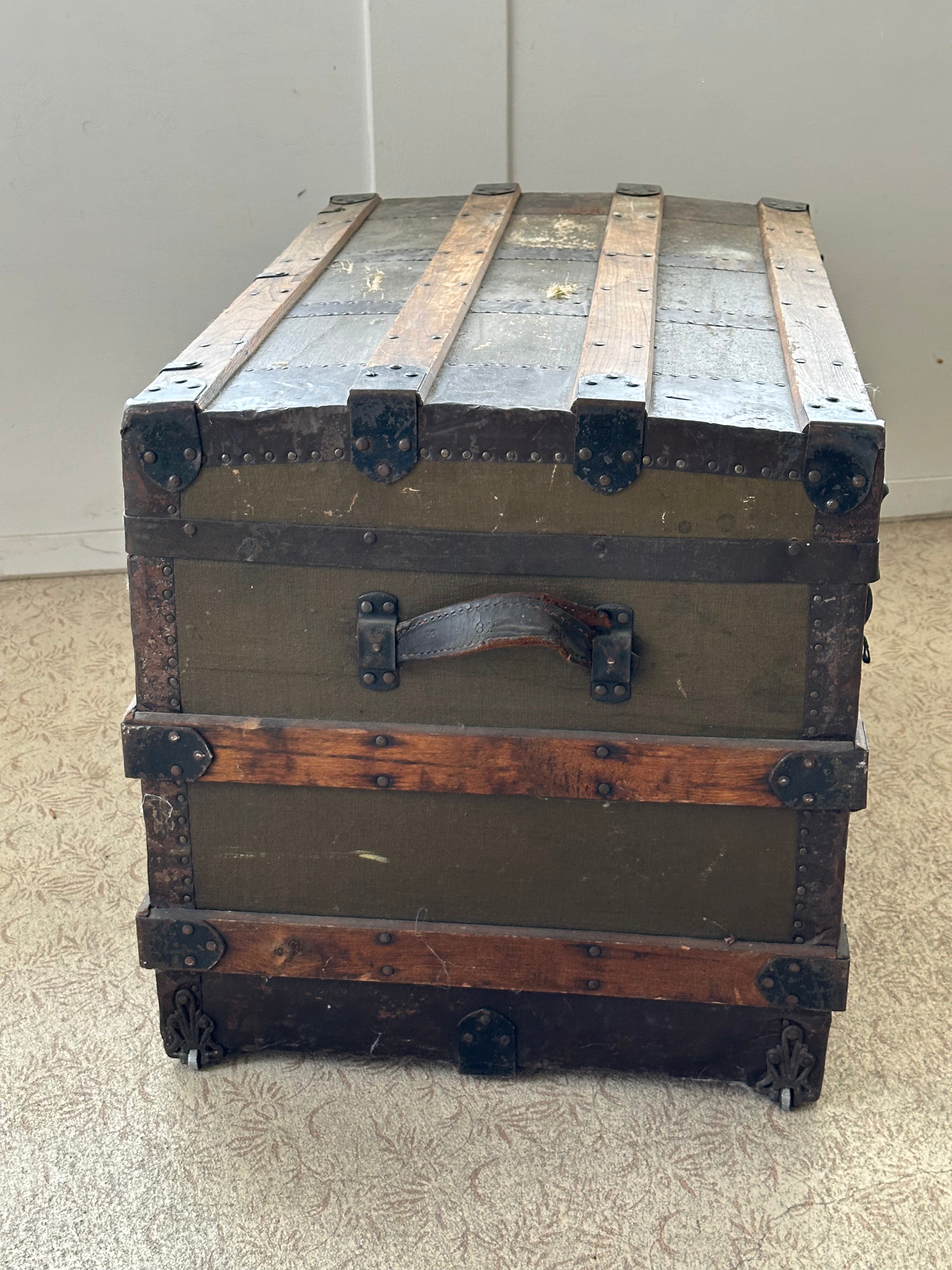 Antique Flat-Top Steamer Trunk with Corbin Lock – $275