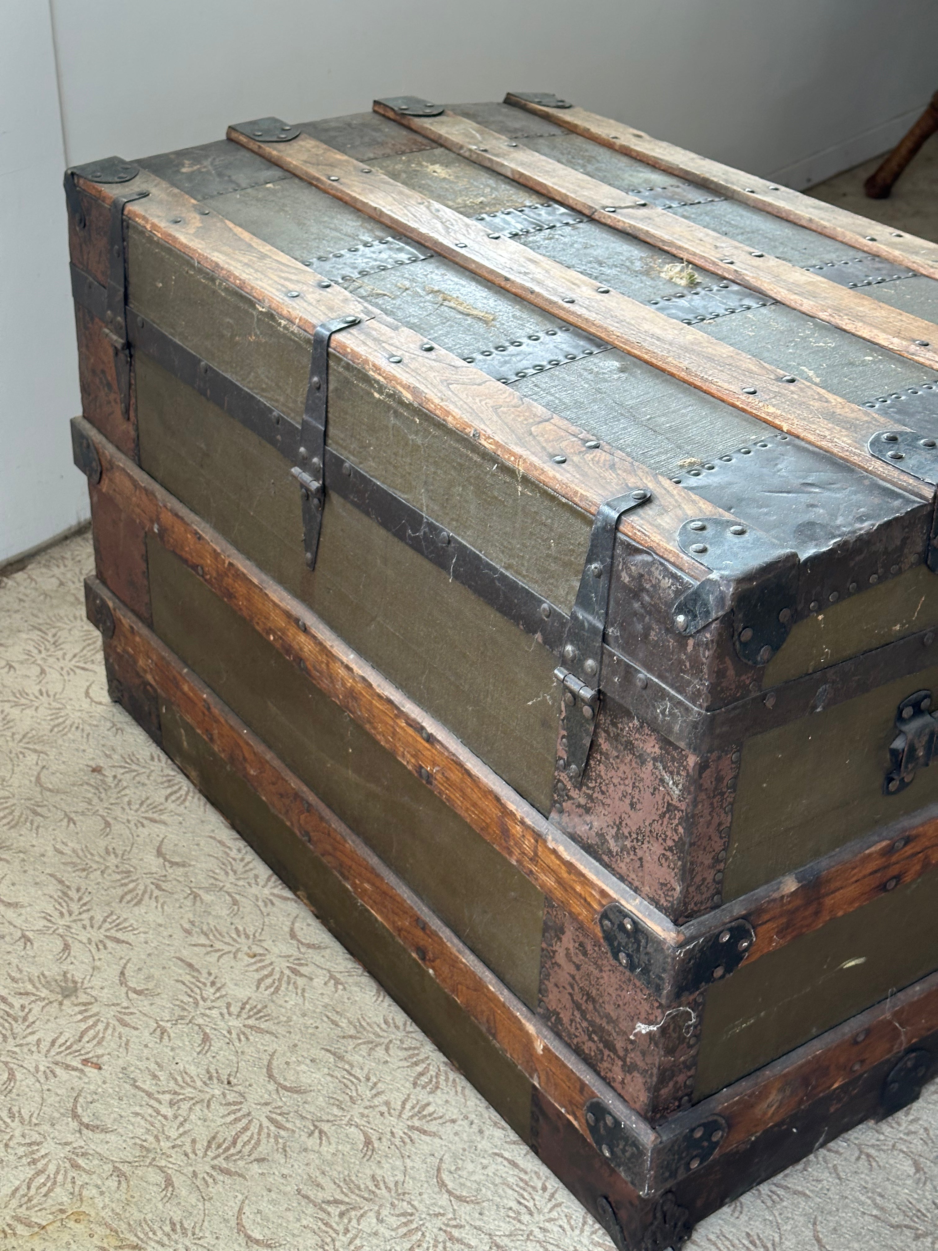 Antique Flat-Top Steamer Trunk with Corbin Lock – $275