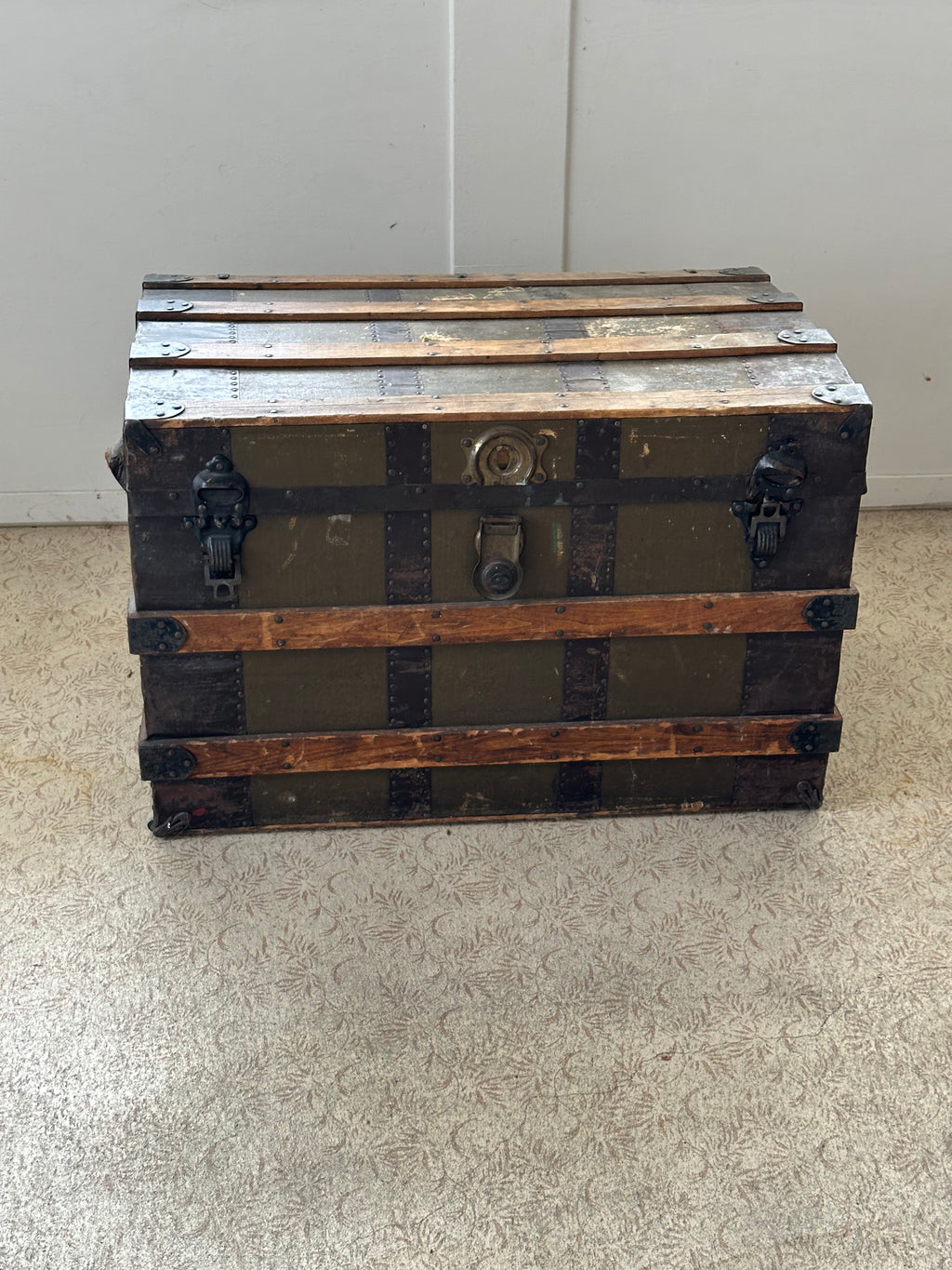 Antique Flat-Top Steamer Trunk with Corbin Lock – $275