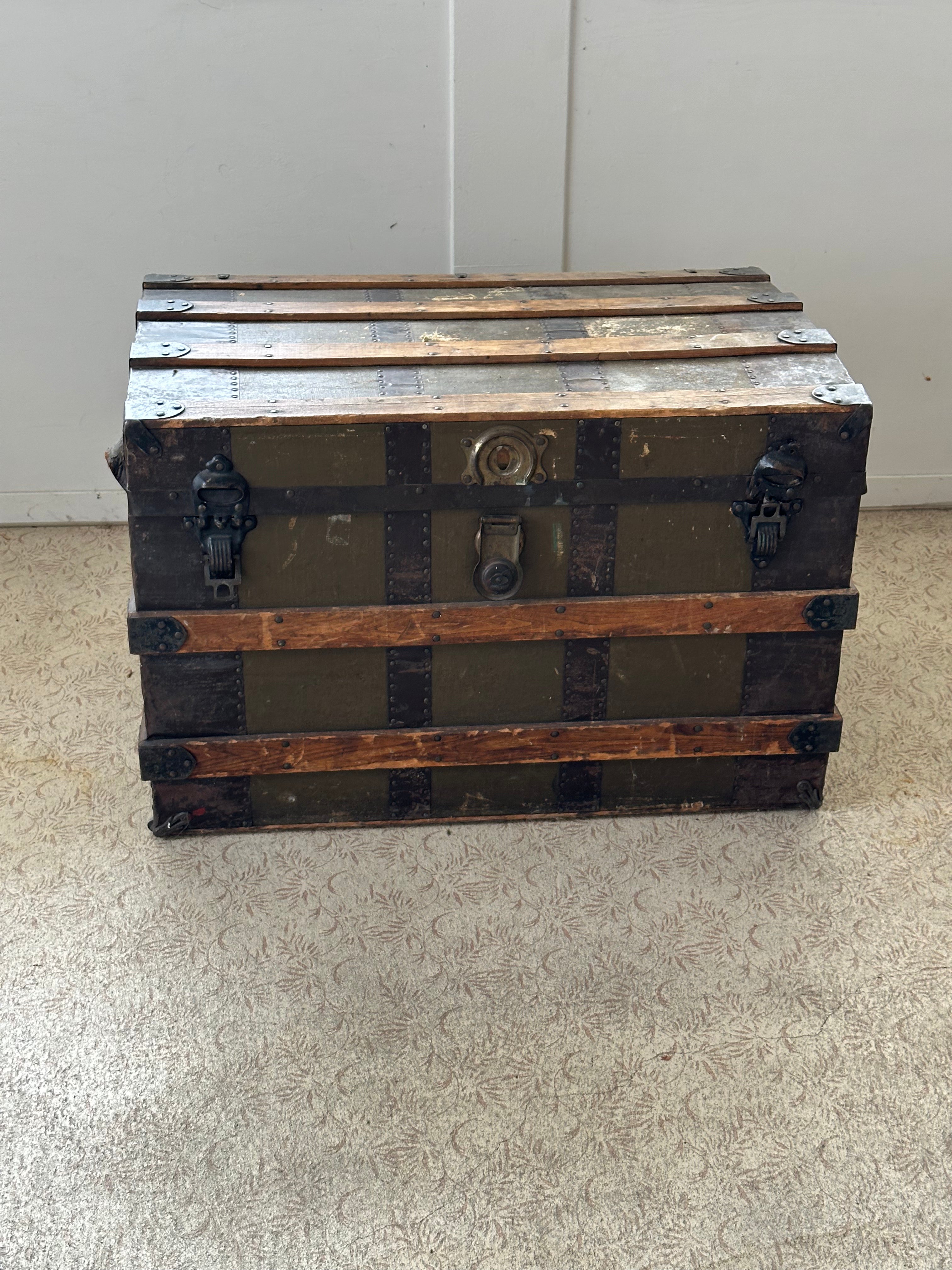 Antique Flat-Top Steamer Trunk with Corbin Lock – $275