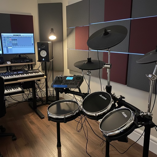 A set of electronic drums on a wooden floor against a beige wall.