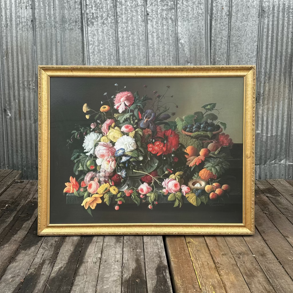 vintage floral print in a gold frame against a textured wall