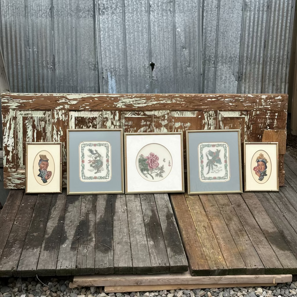 Set of framed needlepoint art on a rustic wooden platform with a corrugated metal background