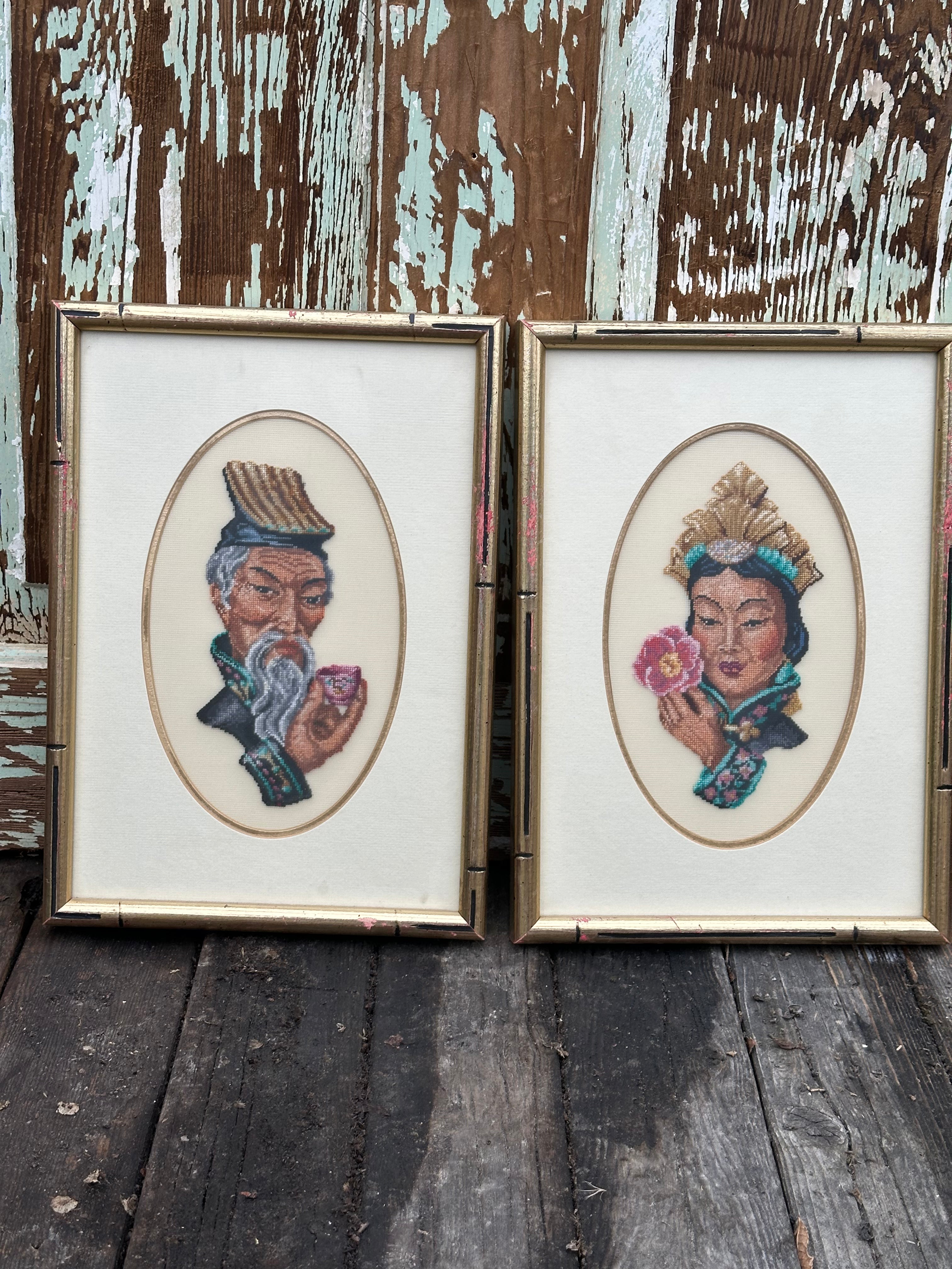 Lot of 5 Framed Vintage Needlepoint / Petite Point – Asian Theme