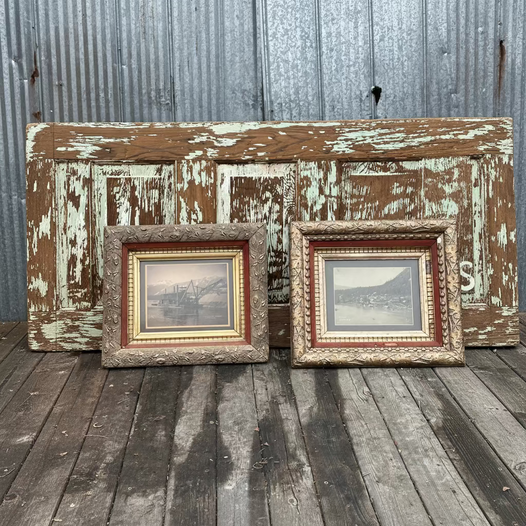 Two vintage picture frames with distressed wood finish , showcasing black and while landscape photos on a wooden surface.