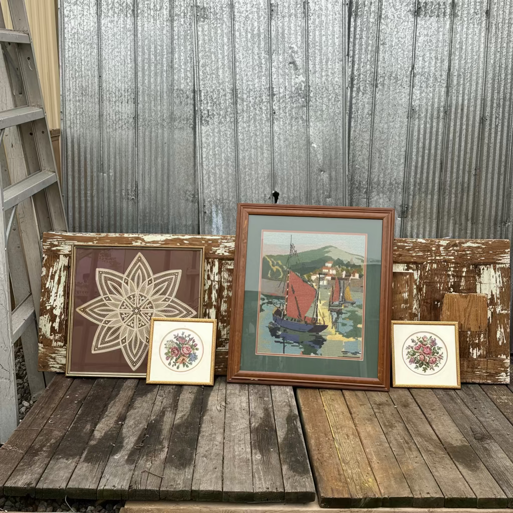 Collection of framed artworks on a wooden surface with a rustic background