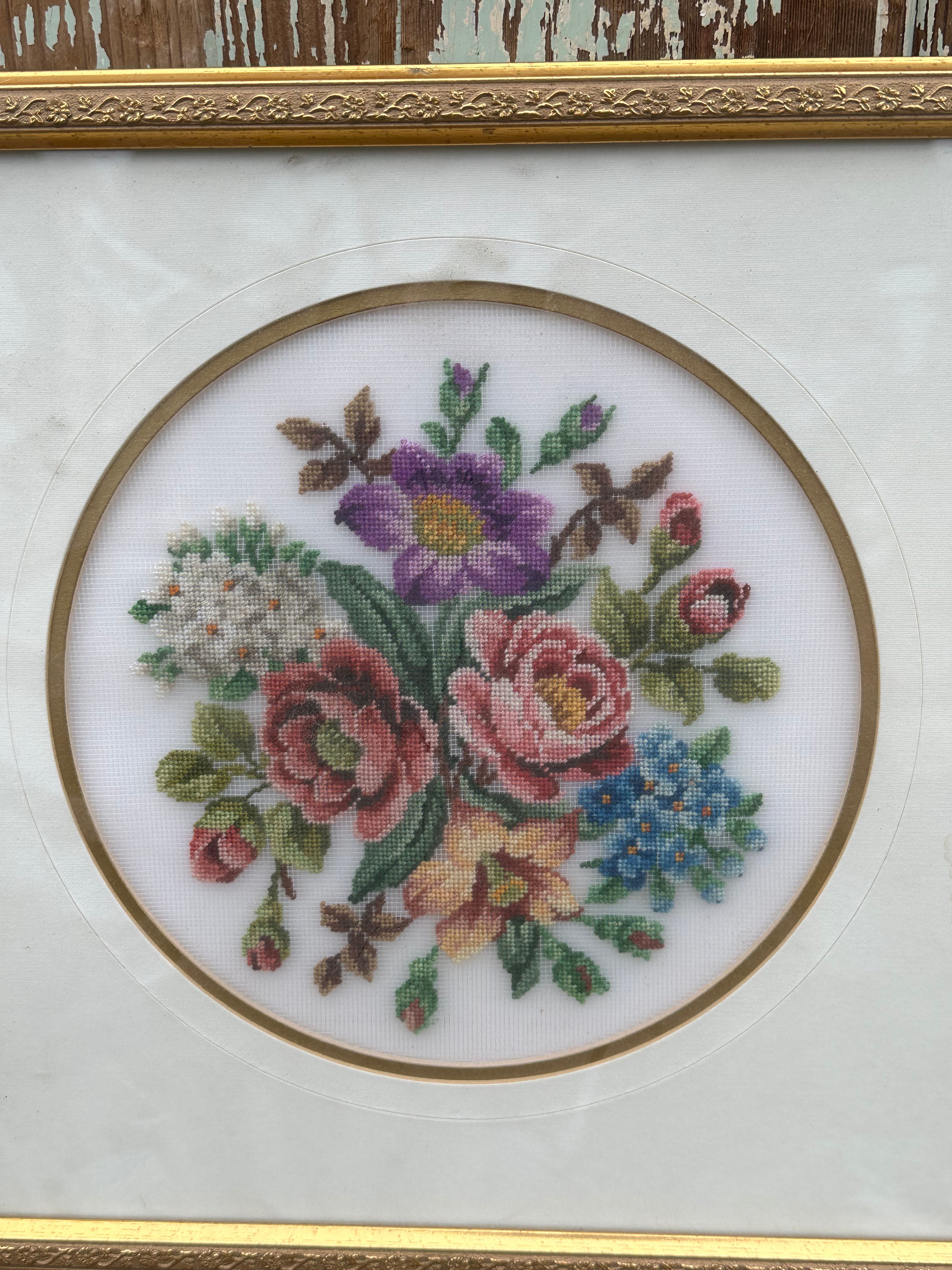 Lot of 4 Vintage Framed Textile Art – Needlepoint & Lace