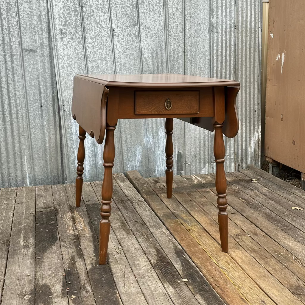 Wooden table with a single drawer on a wooden deck