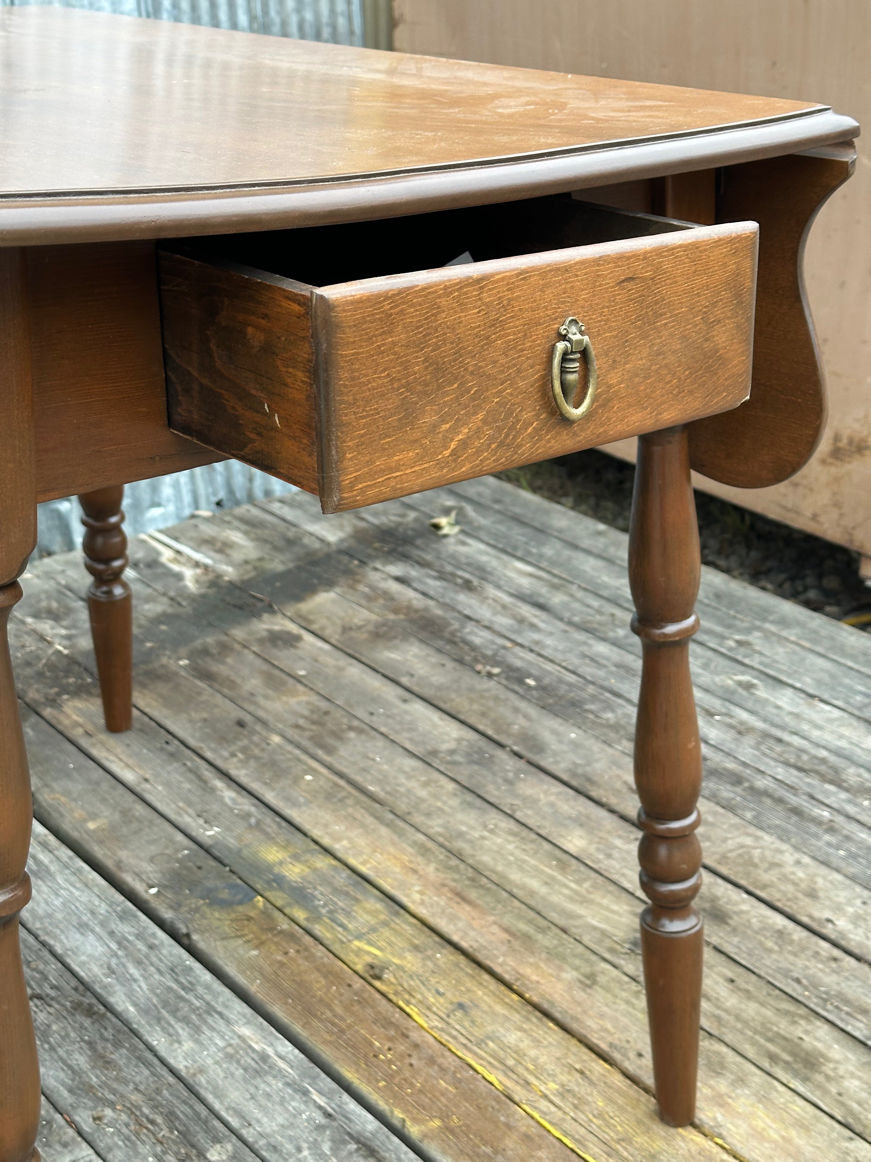 Antique Solid Wood Drop-Leaf Table with Drawer — Refinished