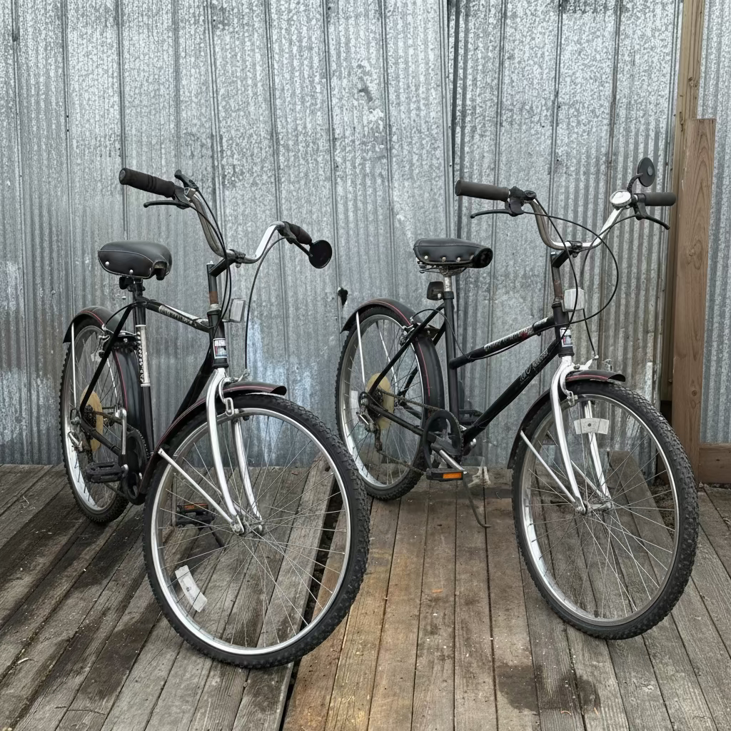 Two bicycles parked on a wooden deck against a corrugated metal wall.