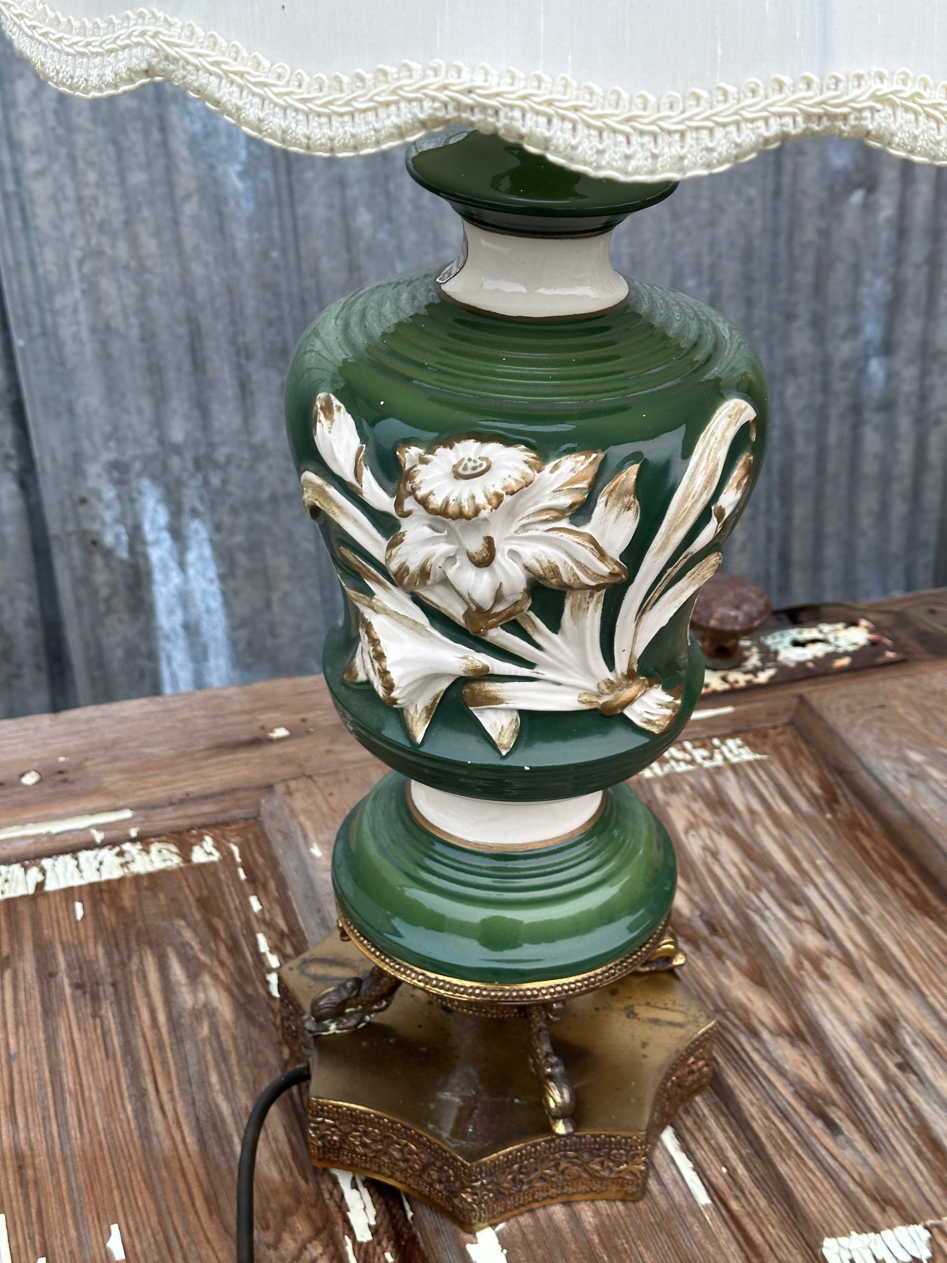 Vintage Green Ceramic Table Lamps — Solid Cast Bases (Pair)