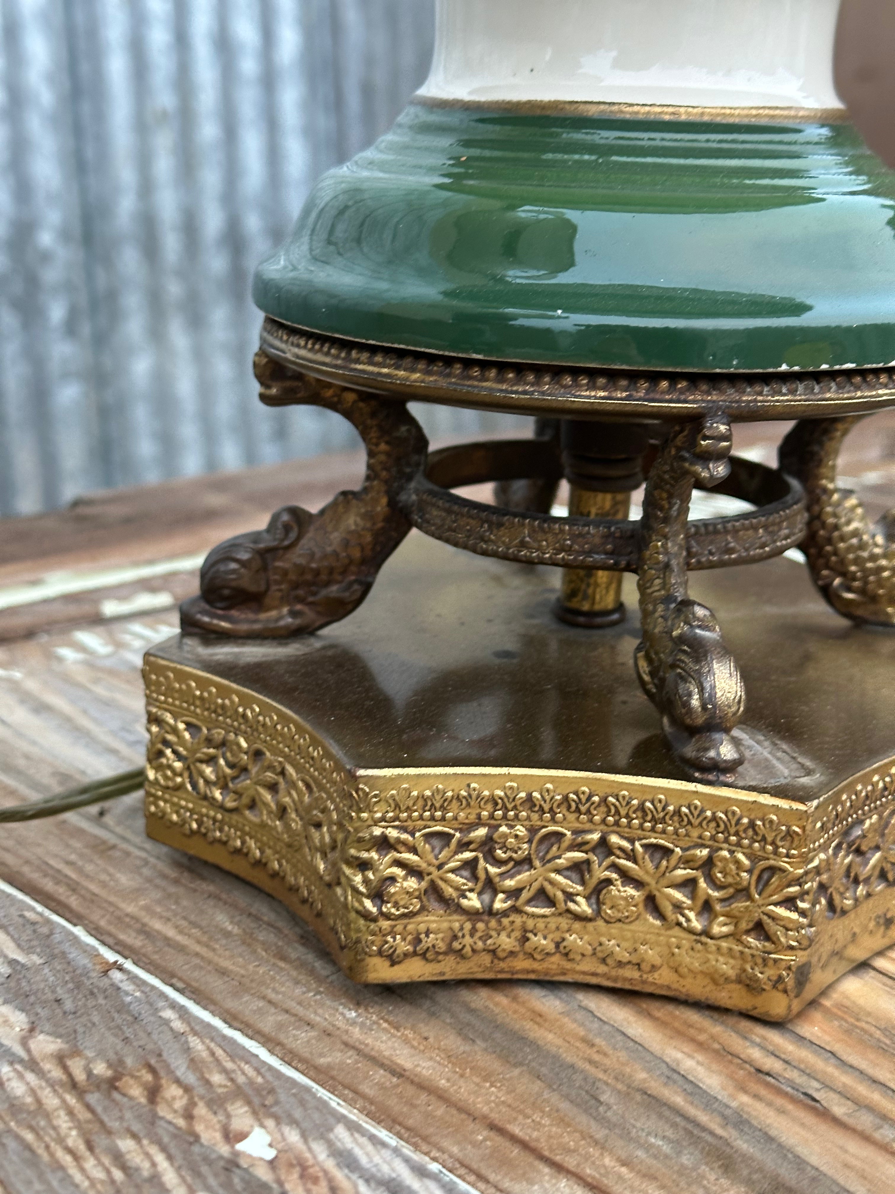 Vintage Green Ceramic Table Lamps — Solid Cast Bases (Pair)