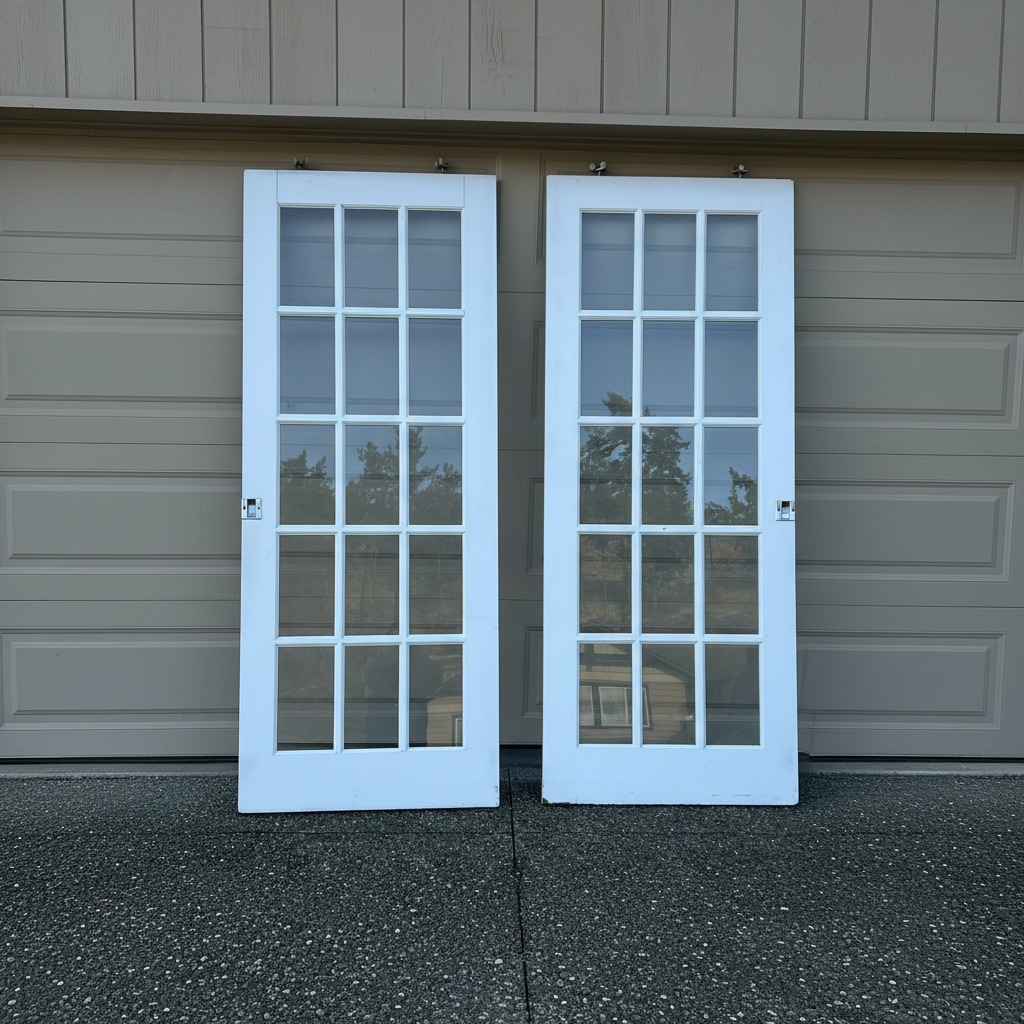Pair of white French doors with glass panels on a building exterior.