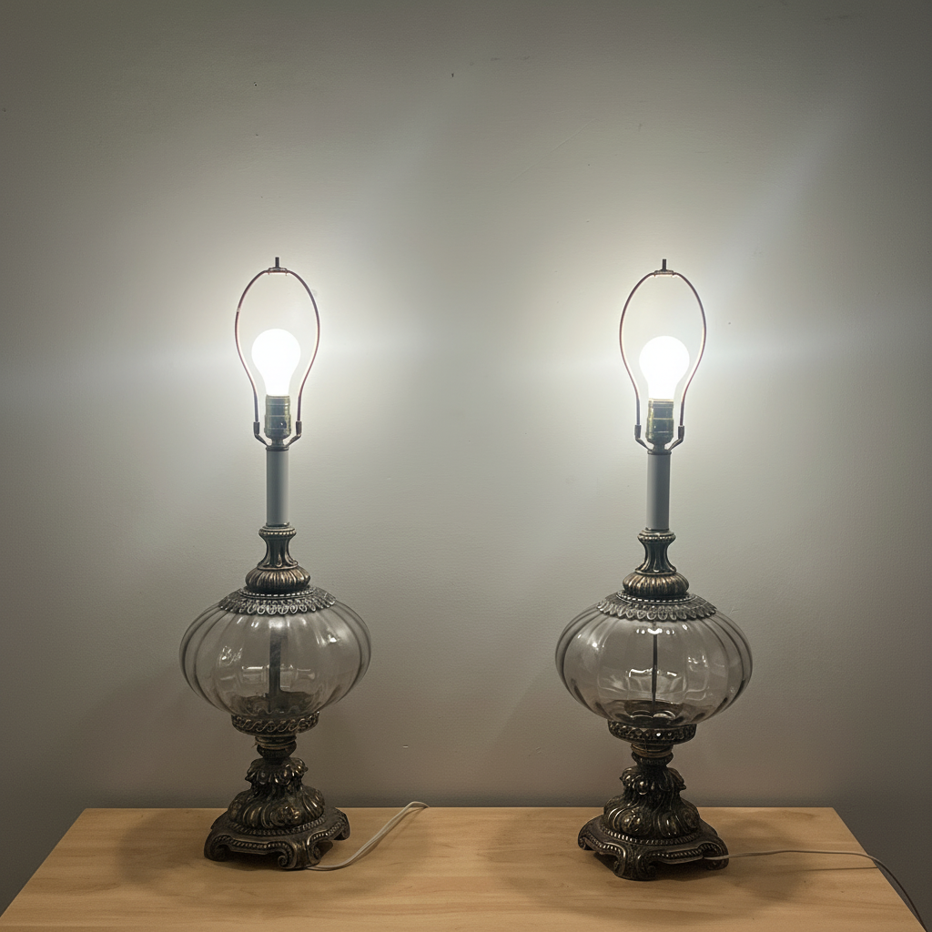 Two ornate table lamps with clear glass shades on a wooden surface.