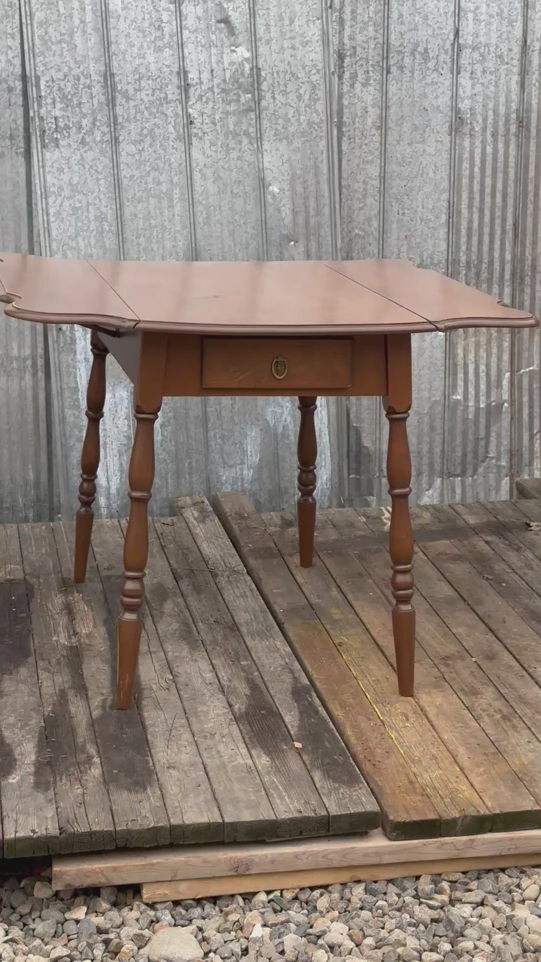 Antique Solid Wood Drop-Leaf Table with Drawer — Refinished
