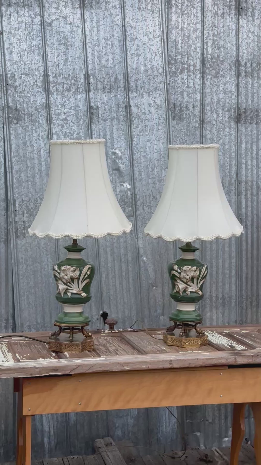Vintage Green Ceramic Table Lamps — Solid Cast Bases (Pair)